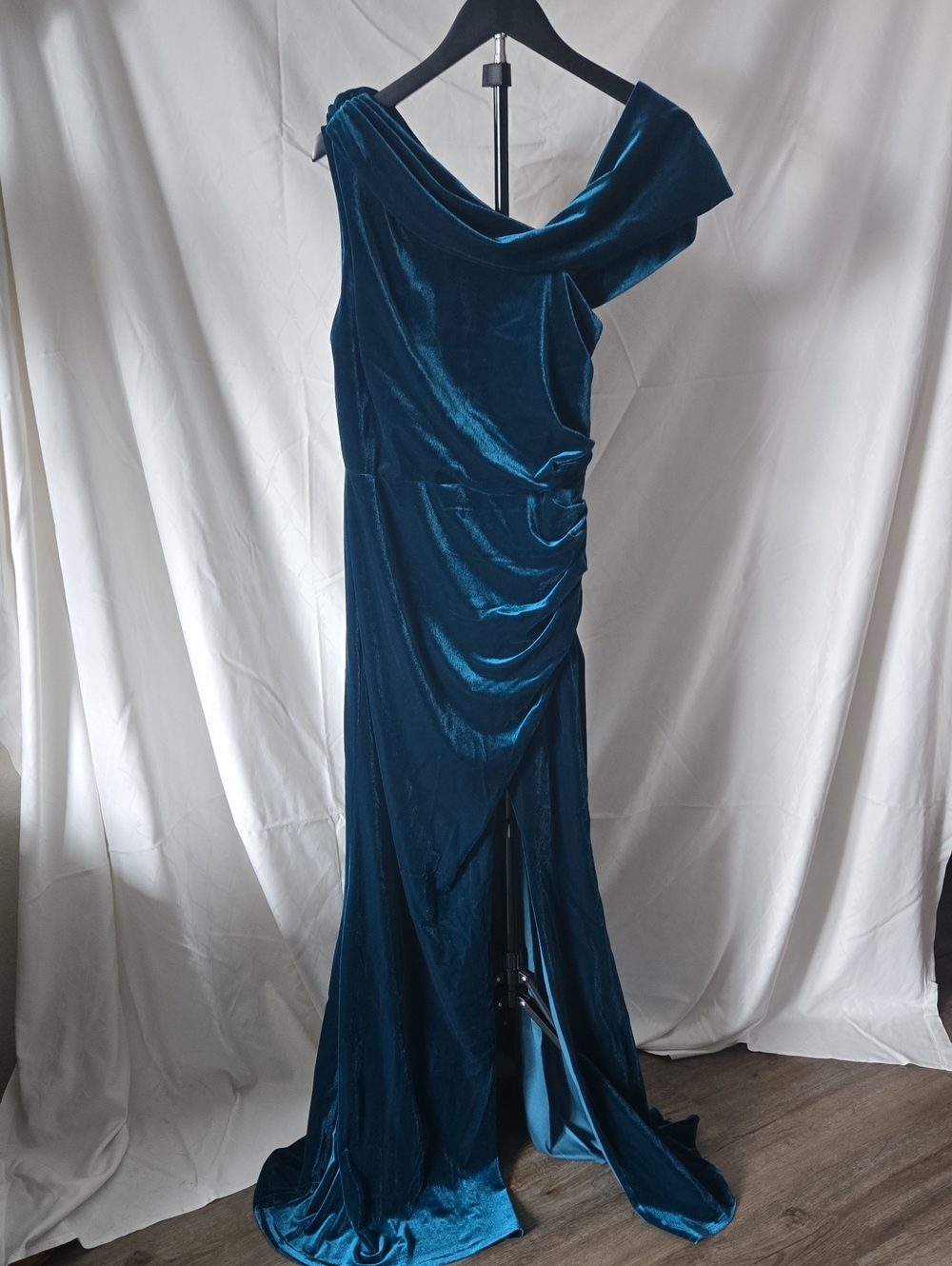 Teal Velvet Draped Evening Gown